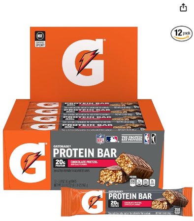 Gatorade Whey Protein Bars, Chocolate Pretzel, 2.8 oz bars (Pack of 12, 20g of protein per bar)