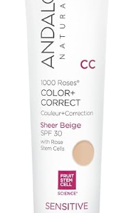 Andalou Naturals 1000 Roses CC Color + Correct with SPF 30, Sheer Beige, 2-in-1 Face Sunscreen + CC Cream for Sensitive Skin, Helps Correct Uneven Skin Tone, Reef Safe Sunscreen, 2 Fl Oz