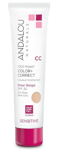 Andalou Naturals 1000 Roses CC Color + Correct with SPF 30, Sheer Beige, 2-in-1 Face Sunscreen + CC Cream for Sensitive Skin, Helps Correct Uneven Skin Tone, Reef Safe Sunscreen, 2 Fl Oz