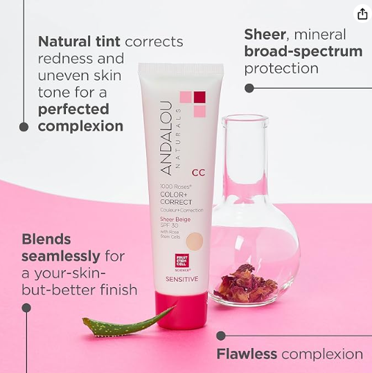 Andalou Naturals 1000 Roses CC Color + Correct with SPF 30, Sheer Beige, 2-in-1 Face Sunscreen + CC Cream for Sensitive Skin, Helps Correct Uneven Skin Tone, Reef Safe Sunscreen, 2 Fl Oz - Image 2