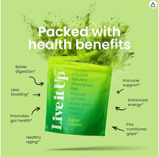 LIVE IT UP Super Greens Powder | All-Natural Plant-Based Superfood Blend with Probiotics & Digestive Enzymes | Supports Gut Health, Immunity, Energy, and Daily Wellness | No Added Sugar - 30 Servings - Image 3