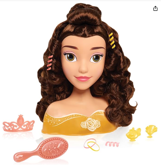 Disney Princess Belle Styling Head, Brown Hair, 10 Piece Pretend Play Set, Beauty and the Beast, Officially Licensed Kids Toys for Ages 3 Up by Just Play