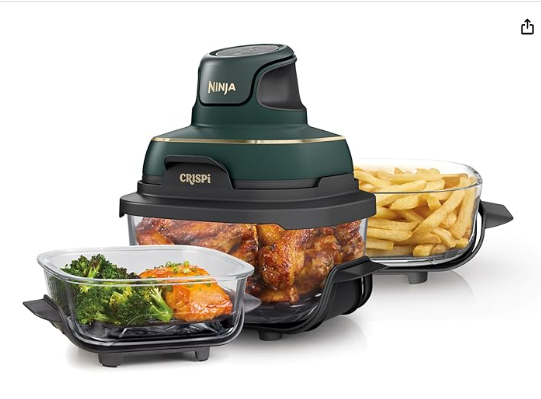 Ninja Crispi 5-in-1 Portable Glass Air Fryer, 4-QT, 2.5-QT & 6-Cup Glass Containers with Crisper Plates & Storage Lids, Microwave, Freezer & Dishwasher Safe, British Racing Green, FN103BF