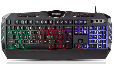 Brookstone USB Wired Gaming Keyboard with Multi-Color LED Backlit Keys and Numeric Keypad, Mac and PC Compatible (w/Palm Rest)