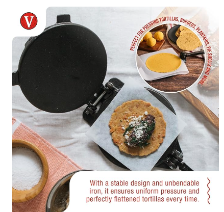 Victoria 6.5 Inch Cast Iron Tortilla Press. Tortilla Maker, Flour Tortilla press, Rotis Press, Dough Press, Pataconera Seasoned with Flaxeed Oil - Image 3