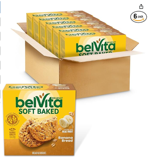 belVita Soft Baked Breakfast Bars, Banana Bread, 6 Boxes of 5 Packs (1 Biscuit Per Pack)